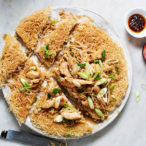 Pan Fried Chicken on Crispy Noodles