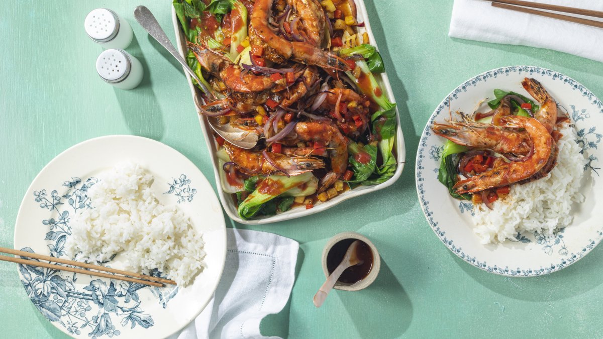 Gegrilde garnalen met zoetzure glacering